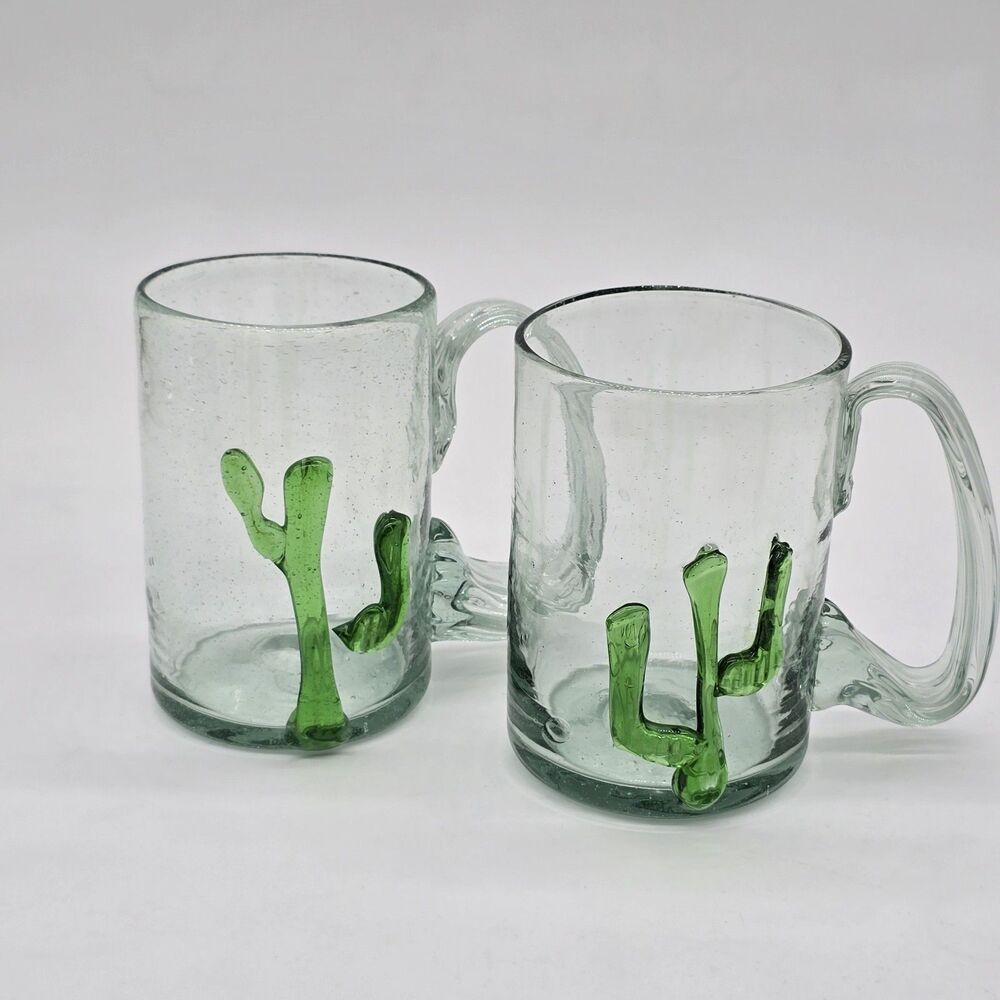 Set of 2 Large Hand Blown Beer Mugs Saguaro Cactus